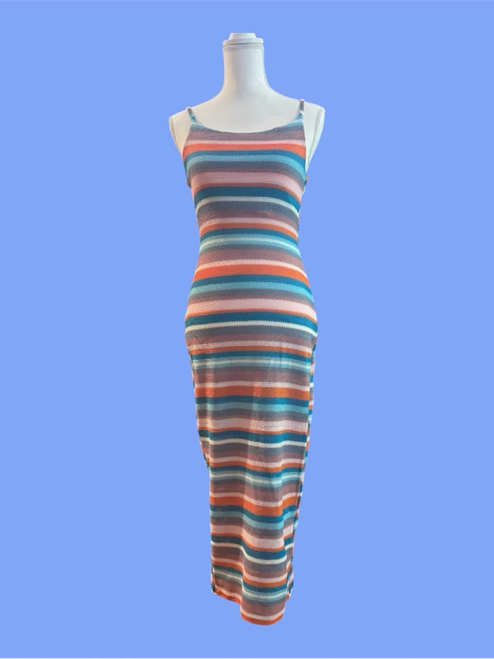 Multicolor Striped Bodycon Midi Dress Spaghetti Strap Stretch